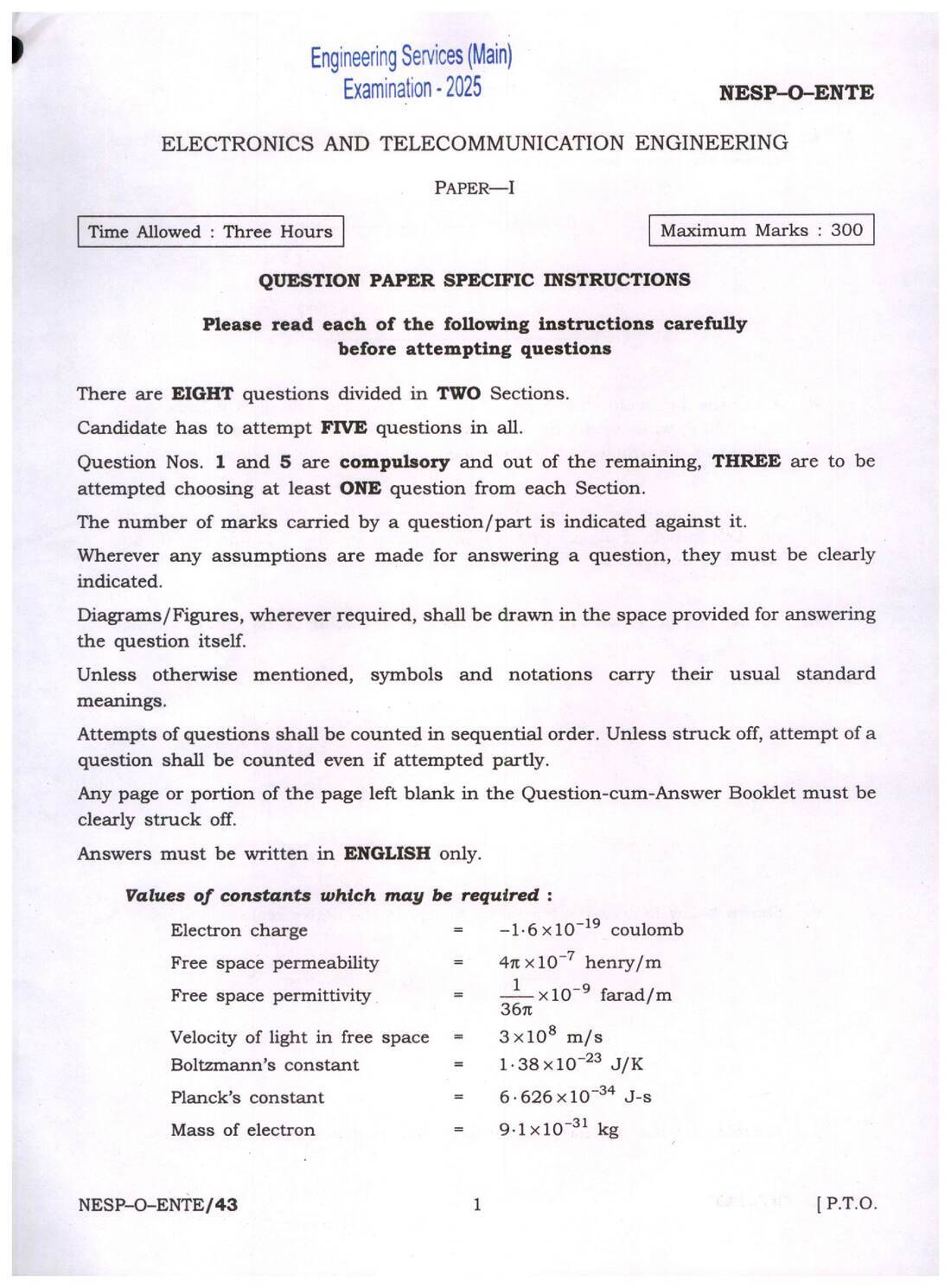 Engineering Services (Main) Examination 2025 ELECTRONICS AND TELECOMMUNICATION ENGINEERING PAPER-I NESP-O-ENTE question paper page 1 instructions scan PDF download