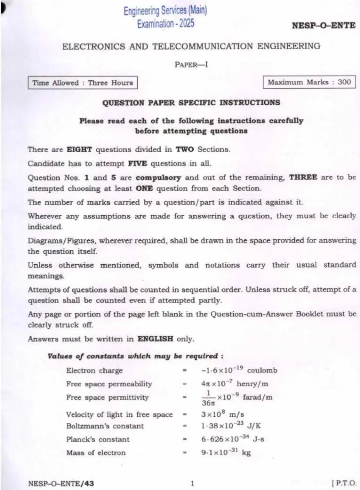 Engineering Services (Main) Examination 2025 ELECTRONICS AND TELECOMMUNICATION ENGINEERING PAPER-I NESP-O-ENTE question paper page 1 instructions scan PDF download