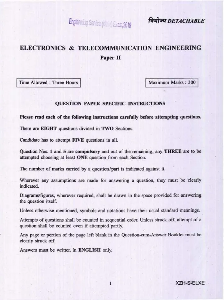 Engineering Services Main Examination 2019 Electronics & Telecommunication Engineering Paper II page 1 instructions and exam header scan PDF download