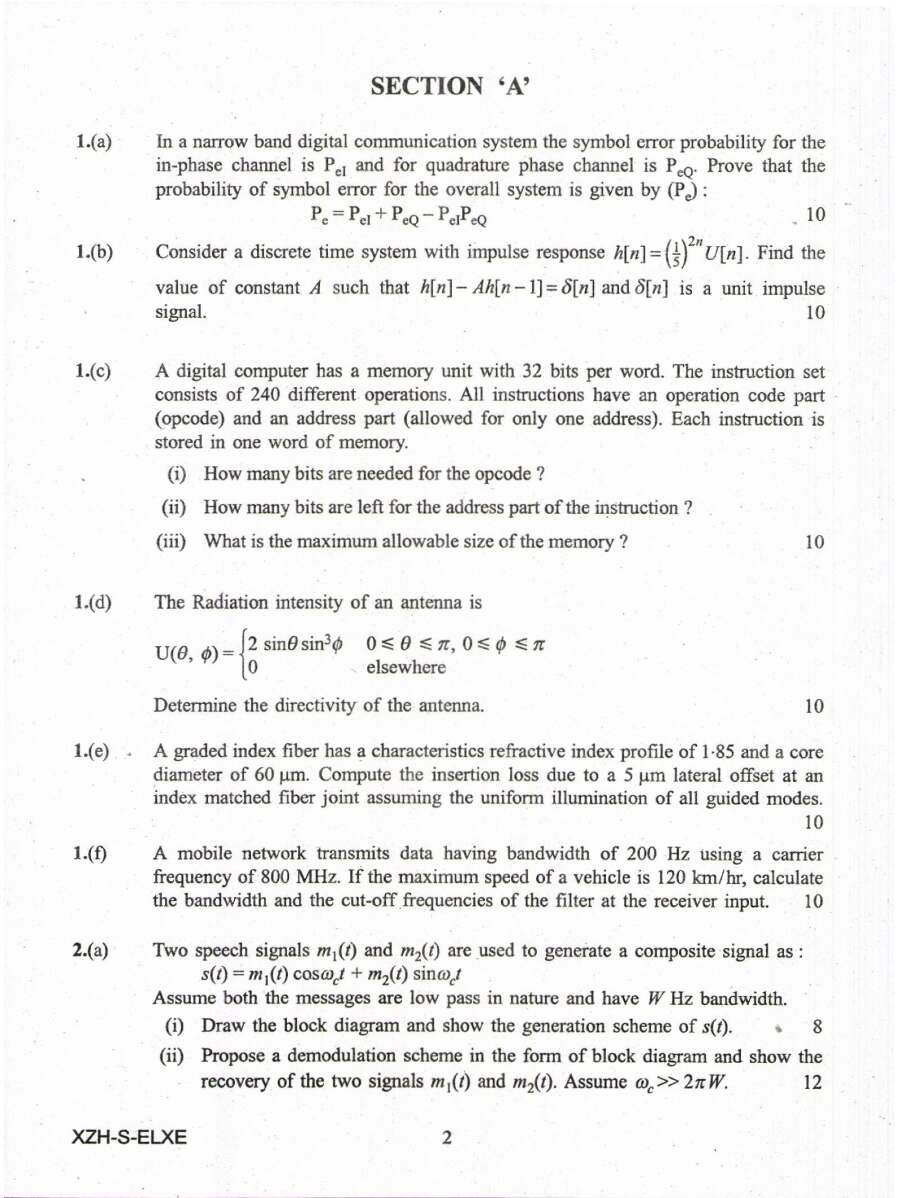 Engineering Services Main Examination 2019 Electronics & Telecommunication Engineering Paper II page 1 instructions and exam header scan PDF download