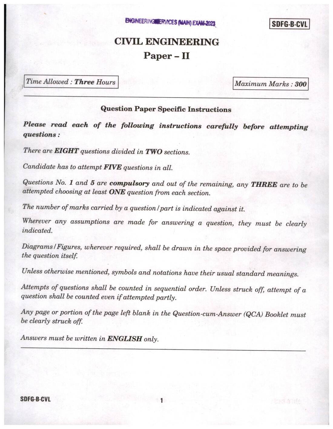 Engineering Services Main Exam 2023 Civil Engineering Paper II question paper page 1 instructions scan PDF download UPSC ESE