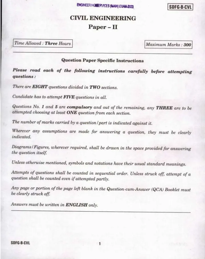 Engineering Services Main Exam 2023 Civil Engineering Paper II question paper page 1 instructions scan PDF download UPSC ESE
