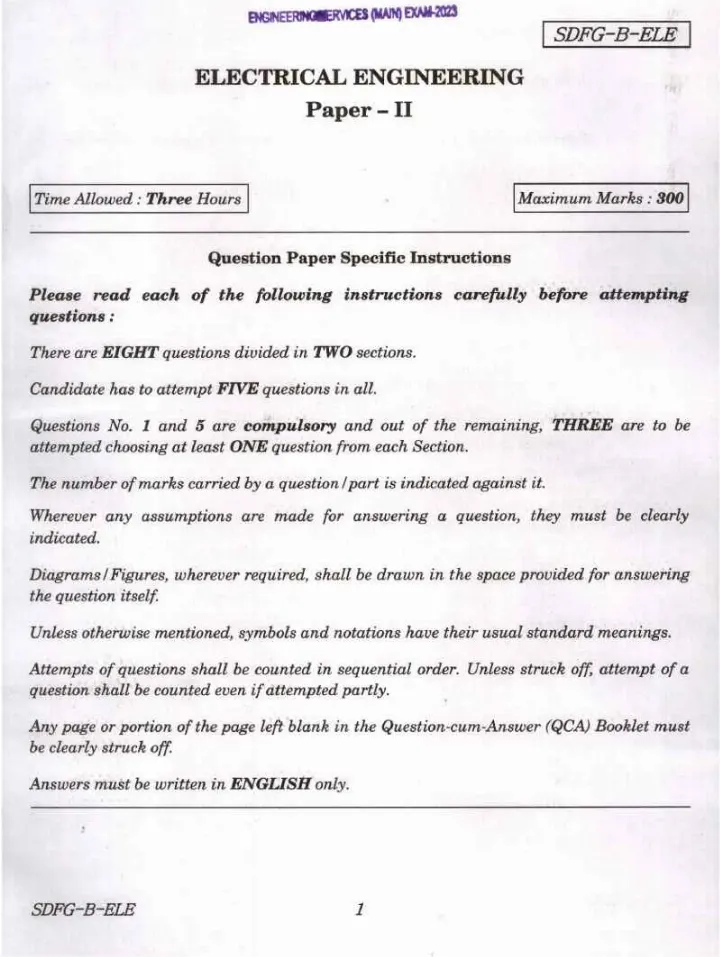Engineering Services Main 2023 Electrical Engineering Paper II question paper page 1 instructions scan PDF download