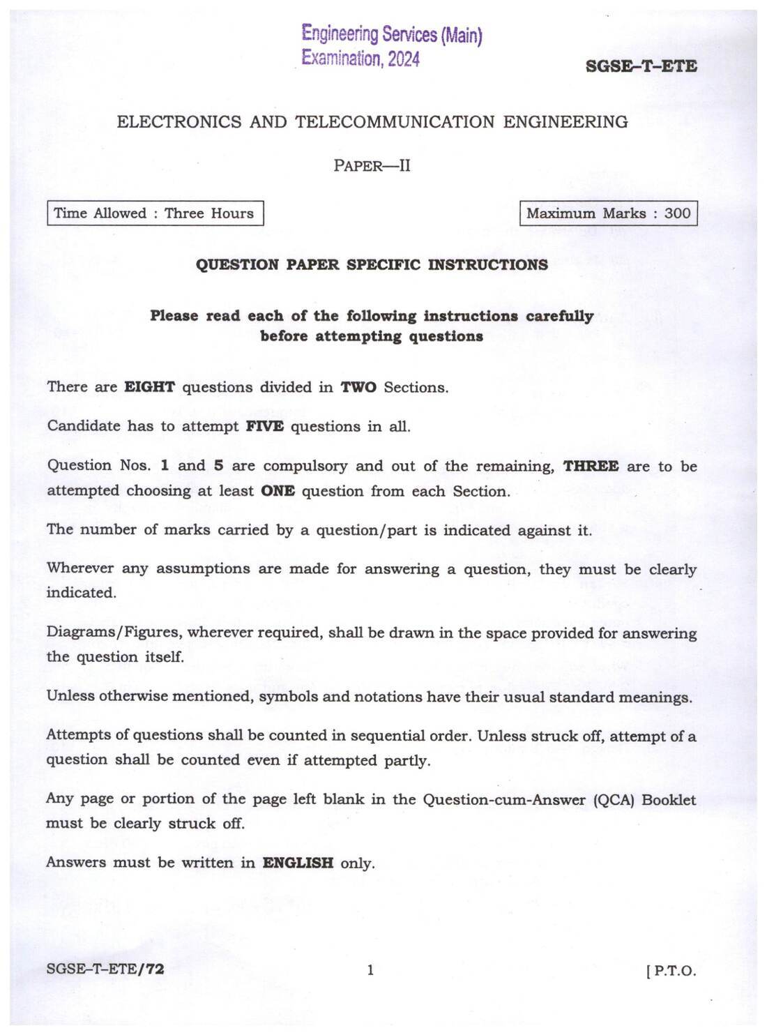 UPSC Engineering Services Main 2024 Electronics and Telecommunication Engineering Paper II page 1 instructions scan PDF download