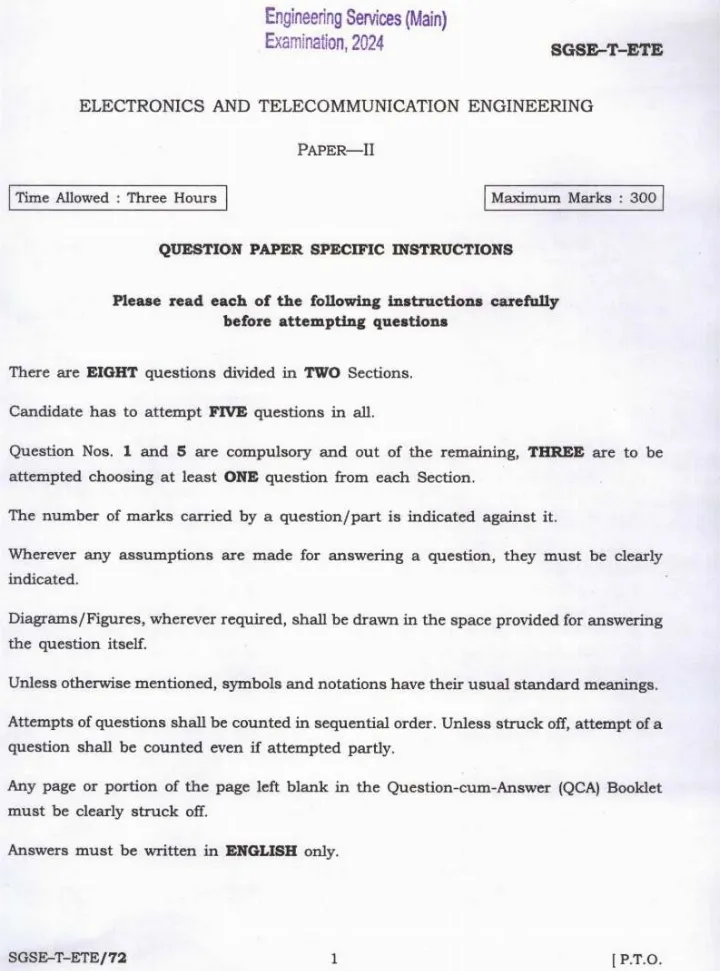 UPSC Engineering Services Main 2024 Electronics and Telecommunication Engineering Paper II page 1 instructions scan PDF download