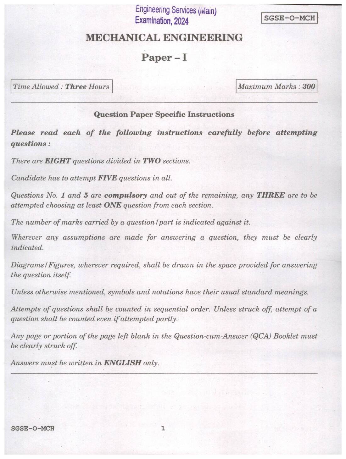 Engineering Services Main 2024 Mechanical Engineering Paper I question paper page 1 instructions scan PDF download. UPSC ESE 2024 Mechanical Engineering Paper I exam header and instructions.