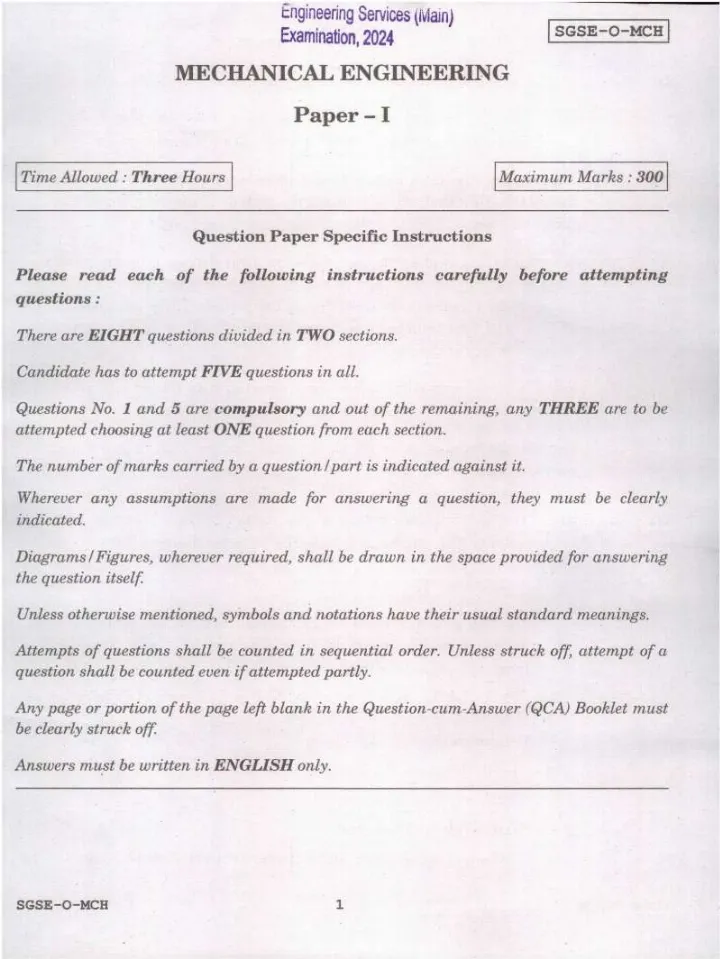 Engineering Services Main 2024 Mechanical Engineering Paper I question paper page 1 instructions scan PDF download. UPSC ESE 2024 Mechanical Engineering Paper I exam header and instructions.