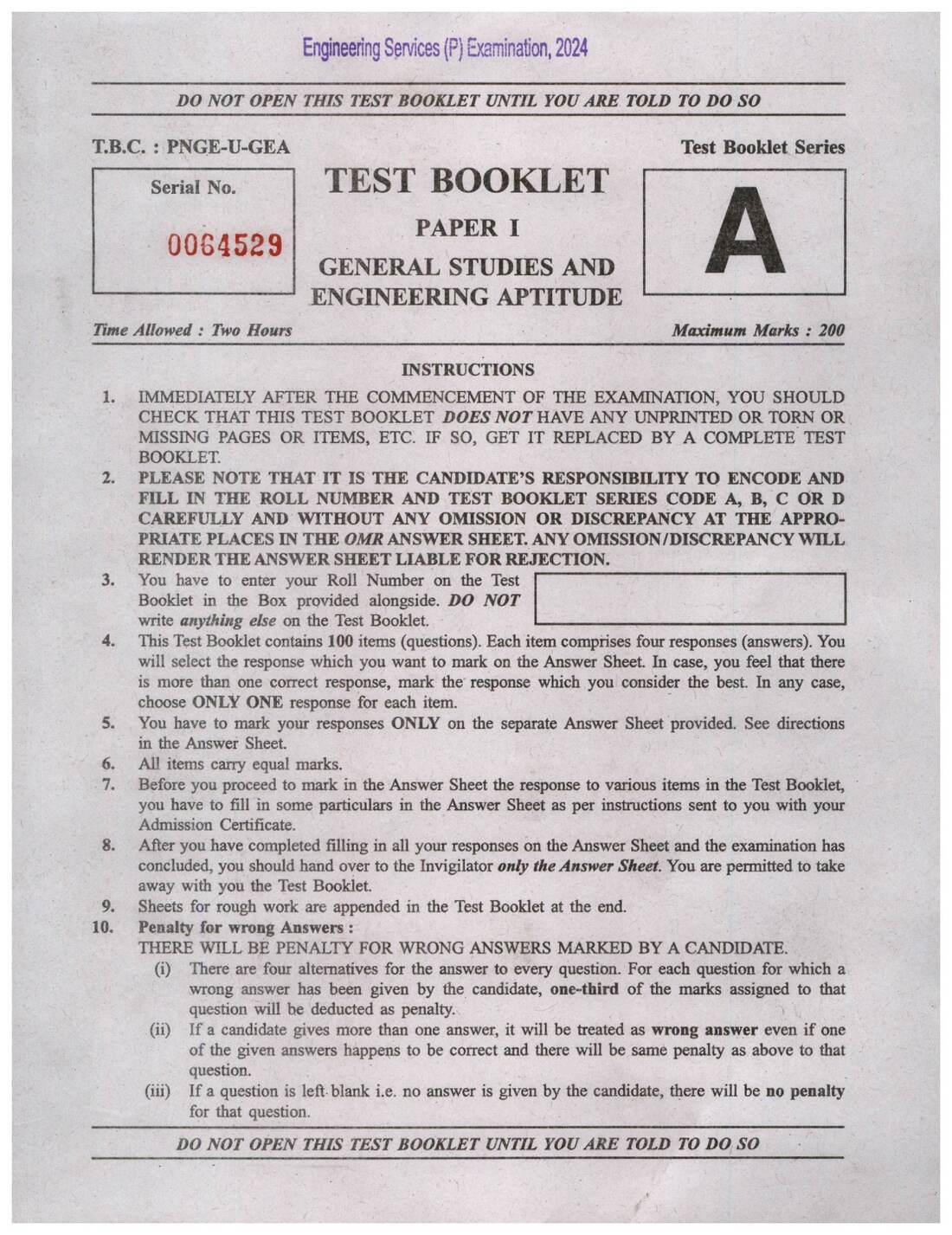 Engineering Services Prelim 2024 Paper I: General Studies & Aptitude — page 1 instructions scan PDF download