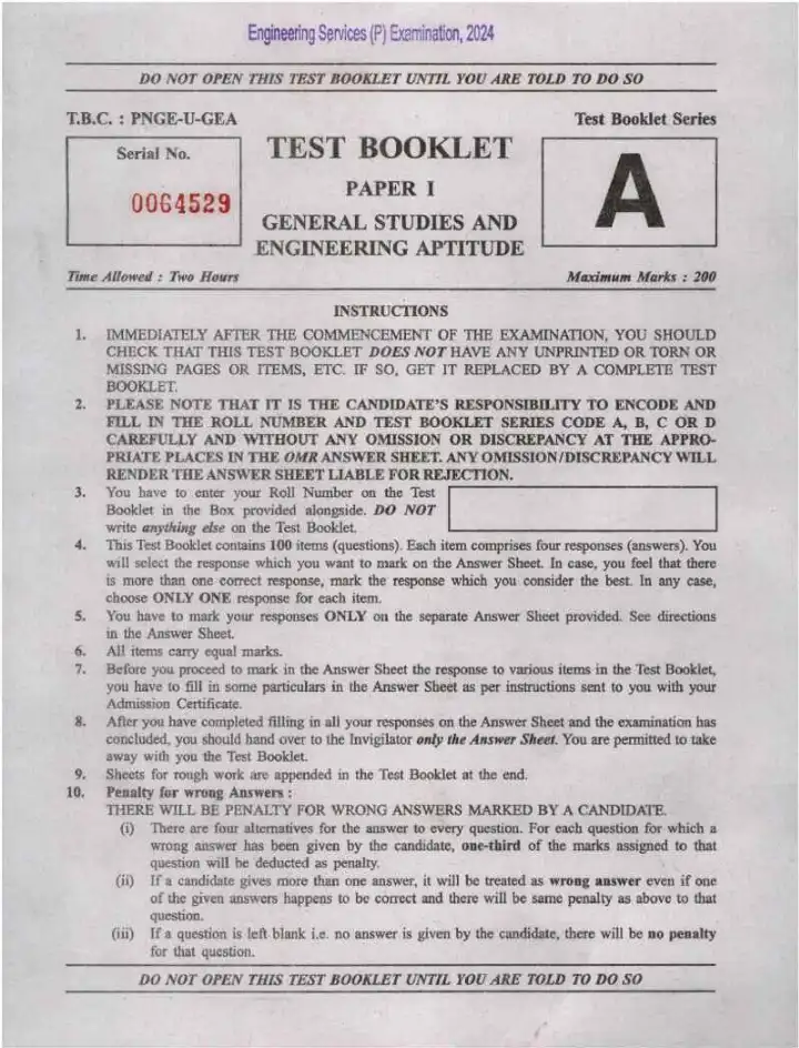 Engineering Services Prelim 2024 Paper I: General Studies & Aptitude — page 1 instructions scan PDF download