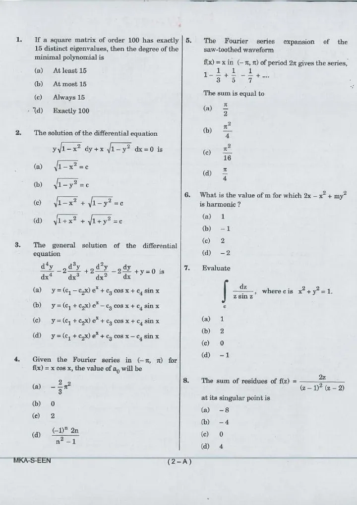Electrical Engineering Engineering Services 2017 Prelim MCQ Questions — page 1 instructions scan PDF download