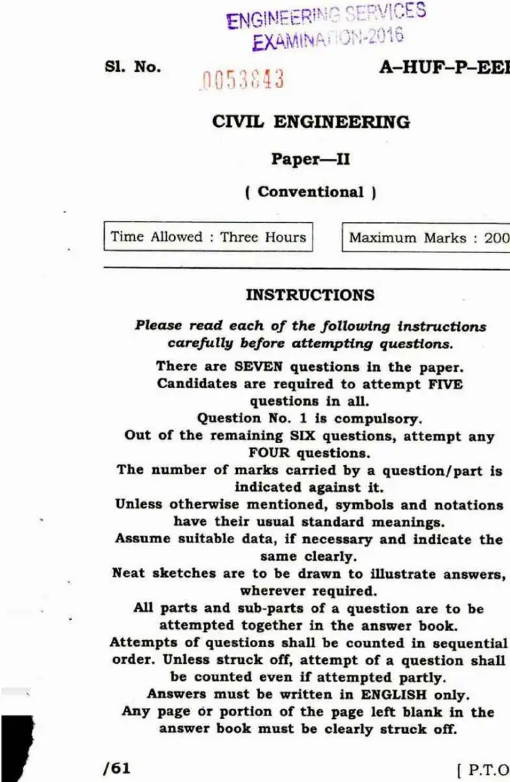 Civil Engineering ESE 2016 Paper II (Conventional) – Page 1 & 2 — page 1 instructions scan PDF download