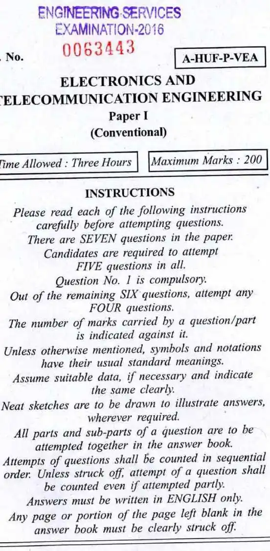 ESE 2016 Electronics and Telecommunication Engineering Paper I question paper page 1 instructions scan PDF download UPSC