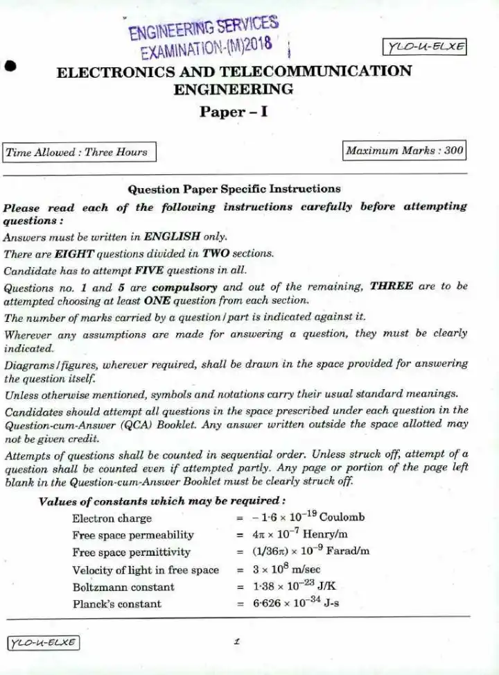 ESE 2018 Electronics & Telecommunication Paper I — page 1 instructions scan PDF download