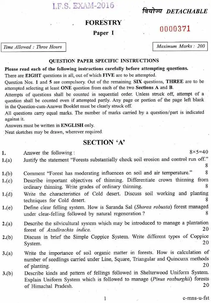 Forestry IFS 2016 Paper I - Question Paper — page 1 instructions scan PDF download