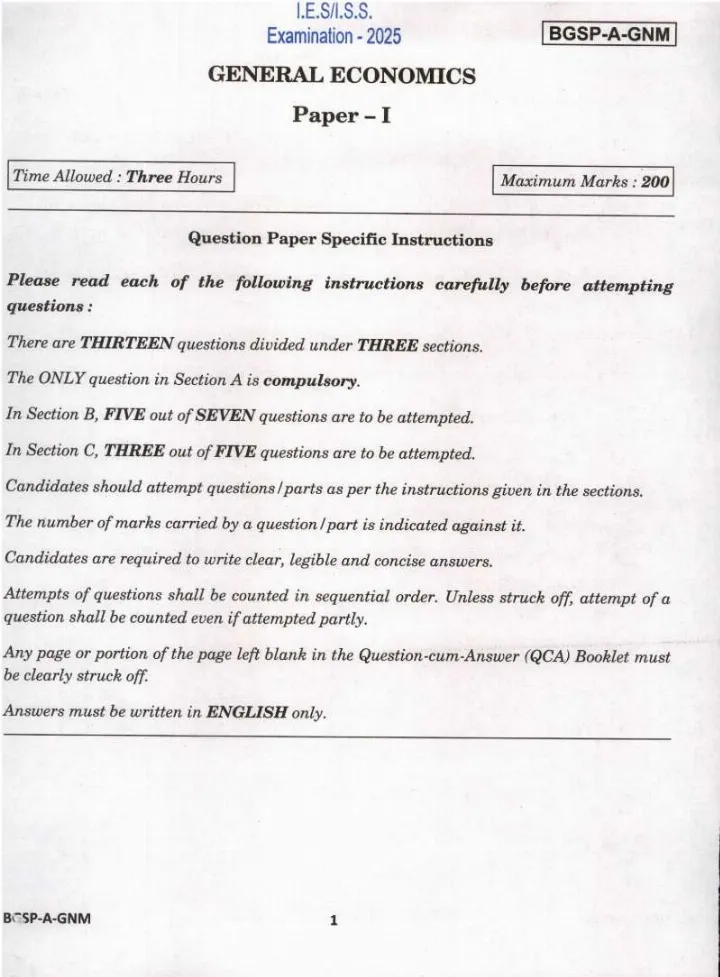 UPSC IES ISS 2025 General Economics Paper I question paper page 1 instructions scan PDF download