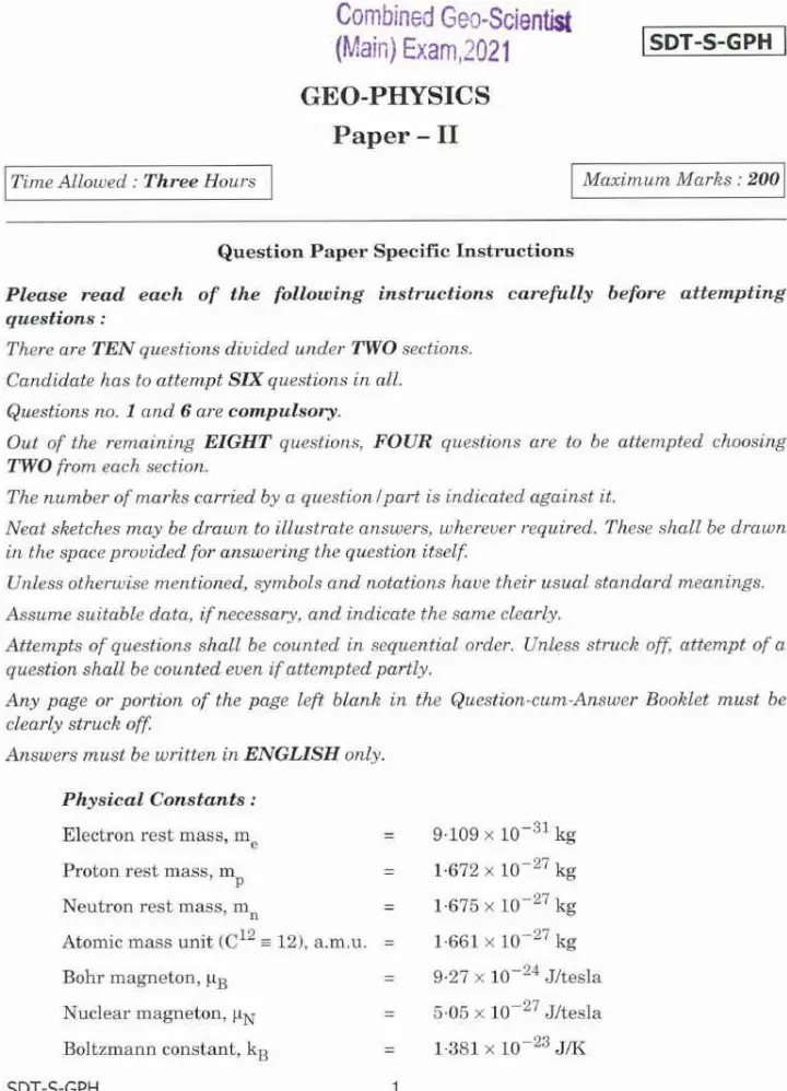 GEO-PHYSICS Paper II 2021 — Combined Geo-Scientist (Main) Exam — page 1 instructions scan PDF download