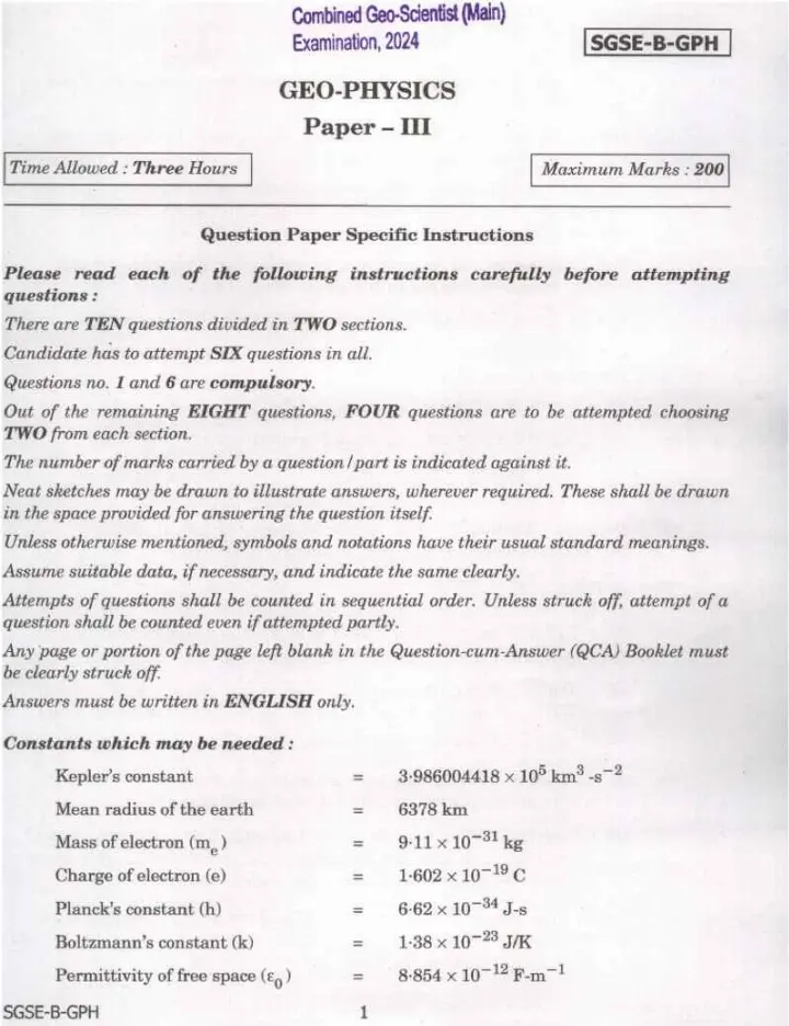 Geo-Physics Paper III (2024) - Central Geo-Scientist Exam — page 1 instructions scan PDF download