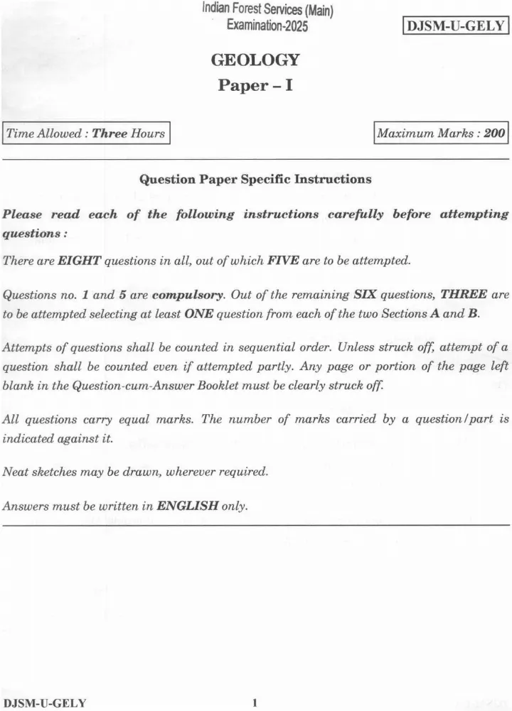 Geology Paper I - IFS Main 2025 (DJSM-U-GELY) — page 1 instructions scan PDF download