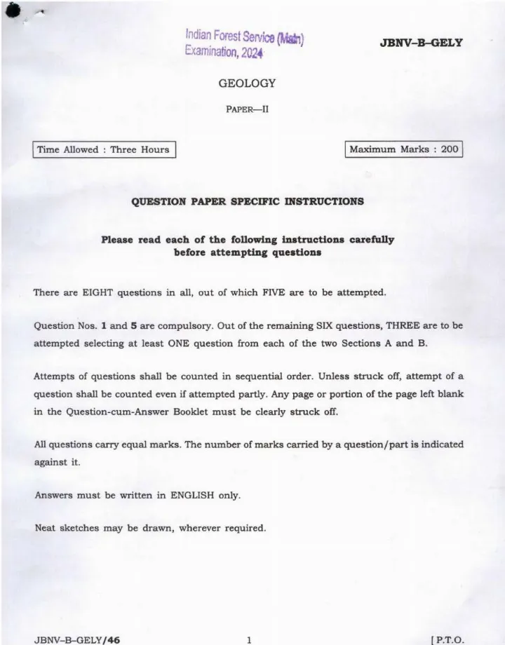 Geology Paper II - IFS Main 2024 — page 1 instructions scan PDF download