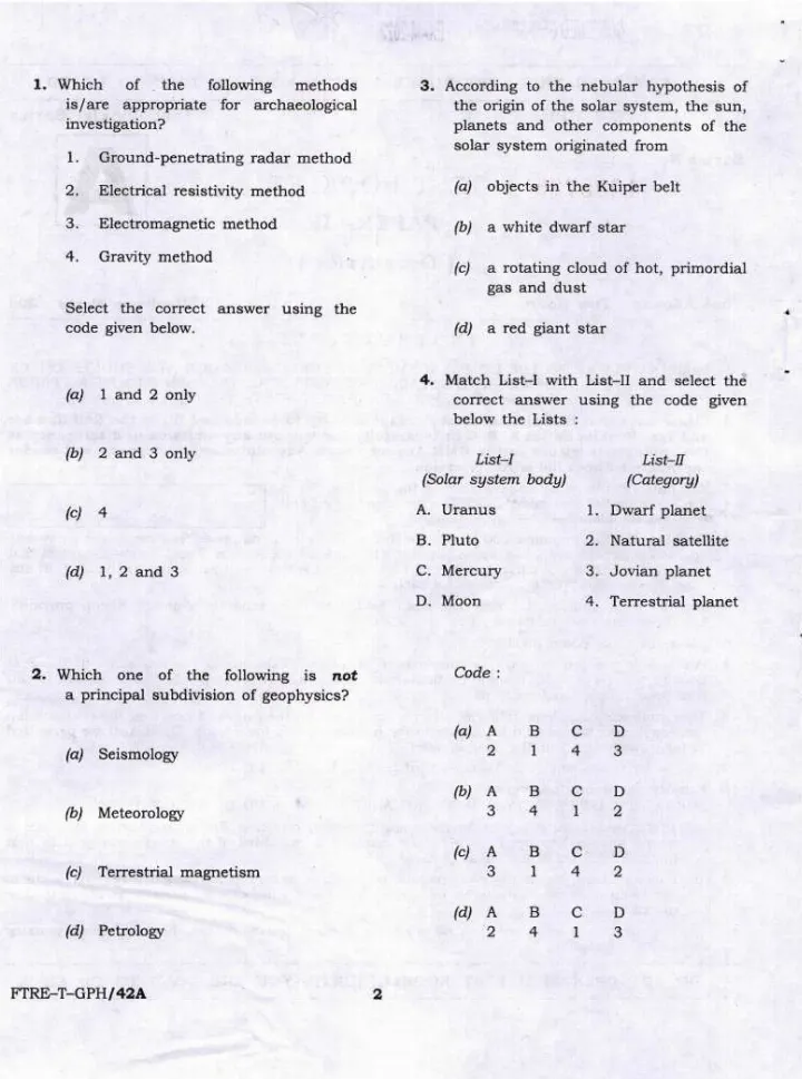 Geophysics Paper-II 2022 – MCQ & Match — page 1 instructions scan PDF download