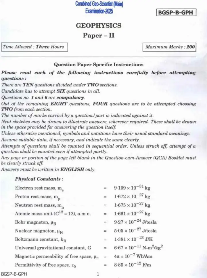 Geophysics Paper II UPSC 2025 Main — page 1 instructions scan PDF download