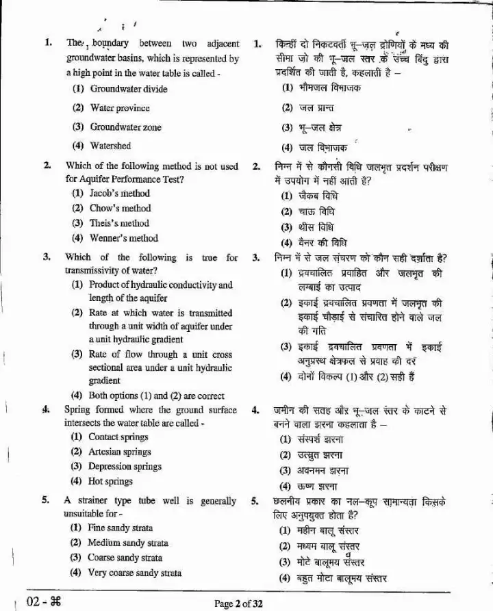 Ground Water Dept. Recruitment 2022 Junior Hydrogeologist question paper page 1 instructions scan PDF download RPSC Hydrogeology