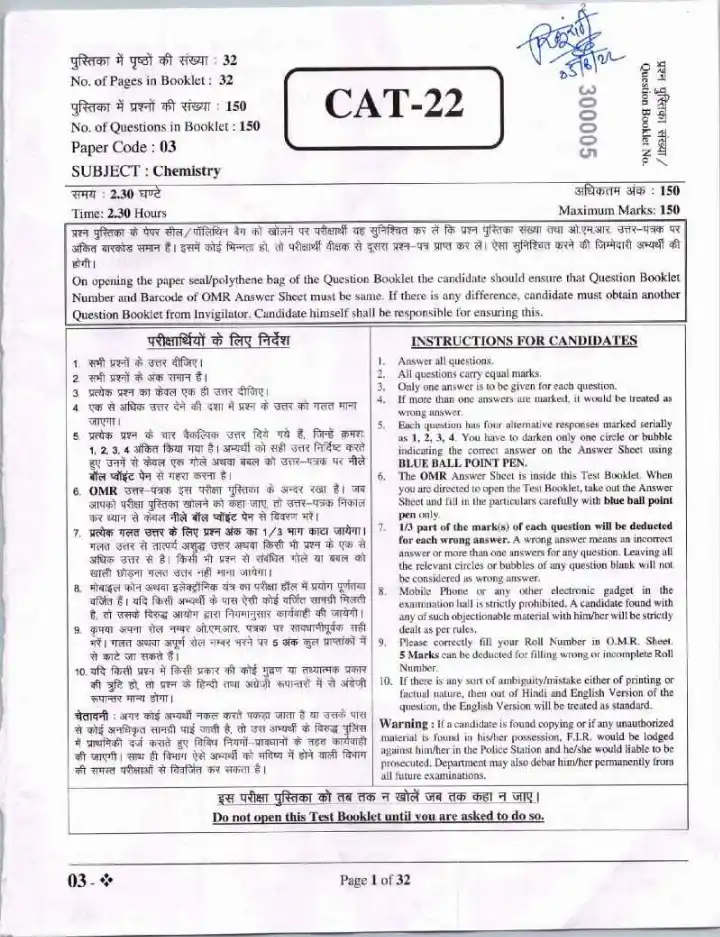 Ground Water Dept. Recruitment 2022 Technical Assistant Chemistry question paper page 1 instructions scan PDF download