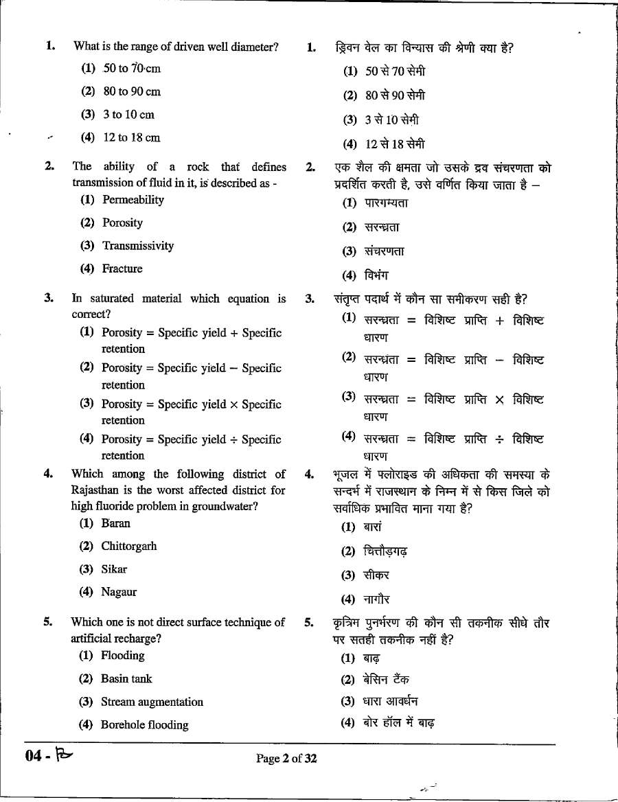 Ground Water Dept. Recruitment 2022 Technical Assistant Hydrogeology question paper page 1 instructions scan PDF download RPSC exam paper