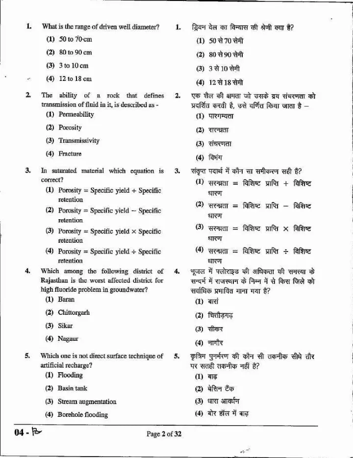 Ground Water Dept. Recruitment 2022 Technical Assistant Hydrogeology question paper page 1 instructions scan PDF download RPSC exam paper