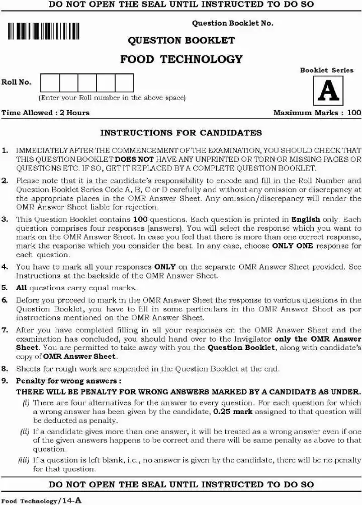 Haryana Food Tech Lecturer 2021 MCQ Paper — page 1 instructions scan PDF download