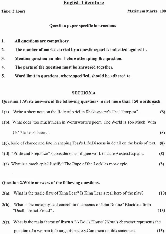 Haryana Gov Jobs English Literature Mains 2022 Question Paper (Page 1-2) — page 1 instructions scan PDF download