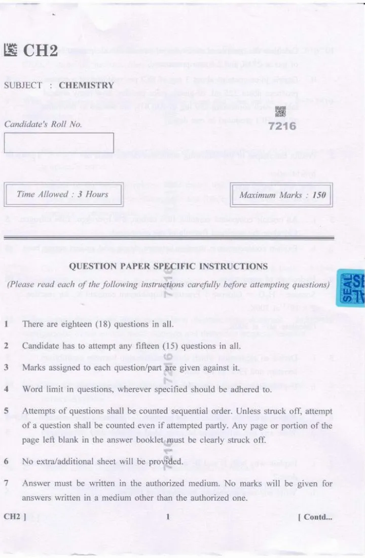 Chemistry 2023 Post Graduate Teachers (PGTs) - 2023 - Subject Knowledge Test HPSC question paper page 1 instructions scan PDF download