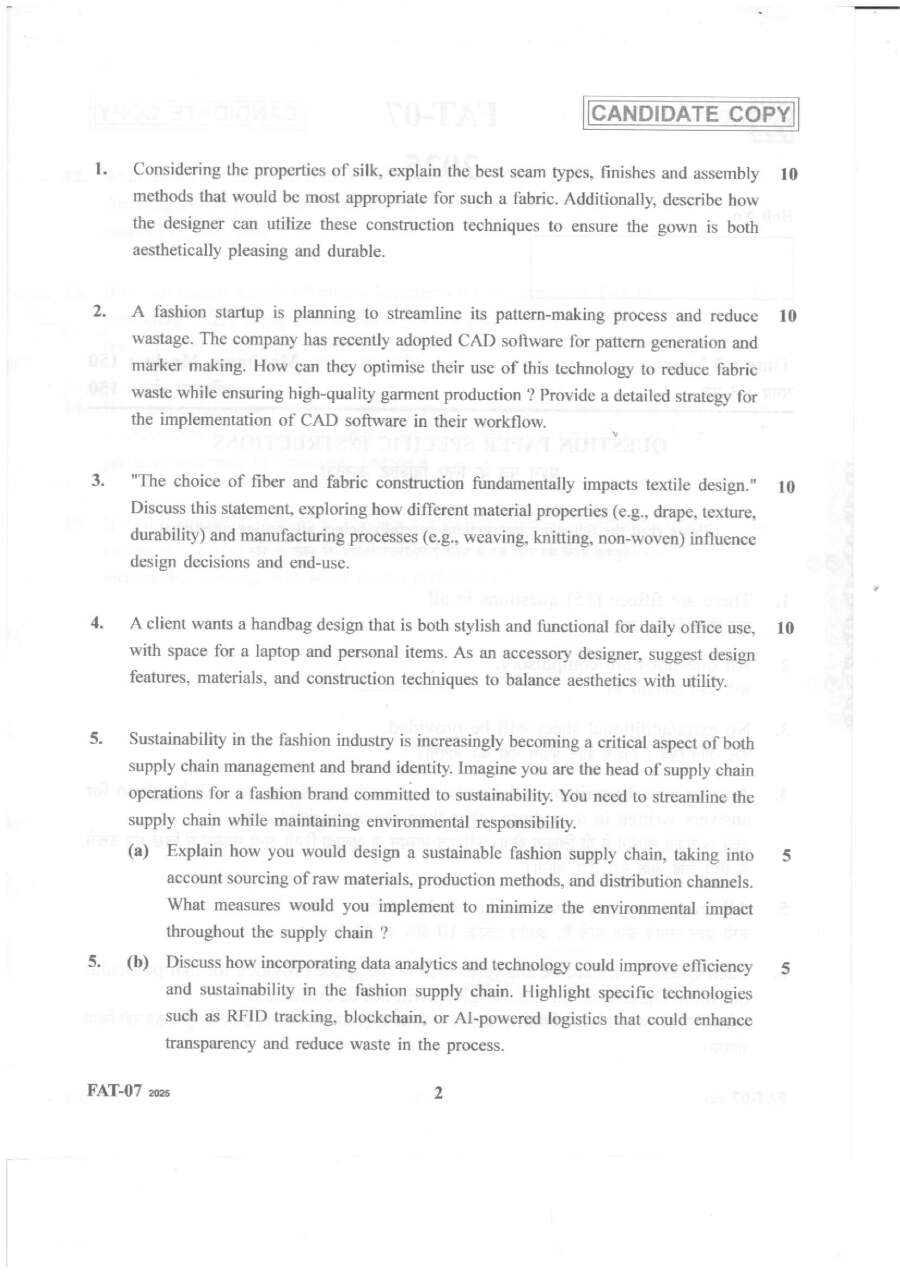 Lecturer in Fashion Technology 2025 HPSC question paper page 1 instructions scan PDF download