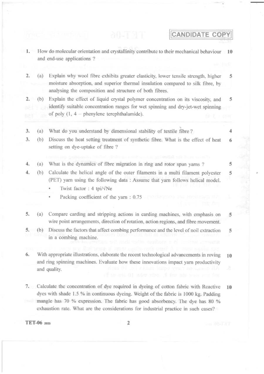 Haryana TET-06 Textile Technology Lecturer Paper 2025 — page 1 instructions scan PDF download