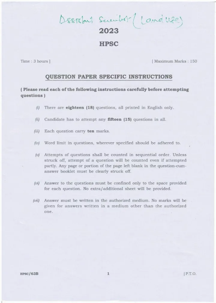 HPSC 2023 Assistant Scientist (Landuse) Question Paper — page 1 instructions scan PDF download