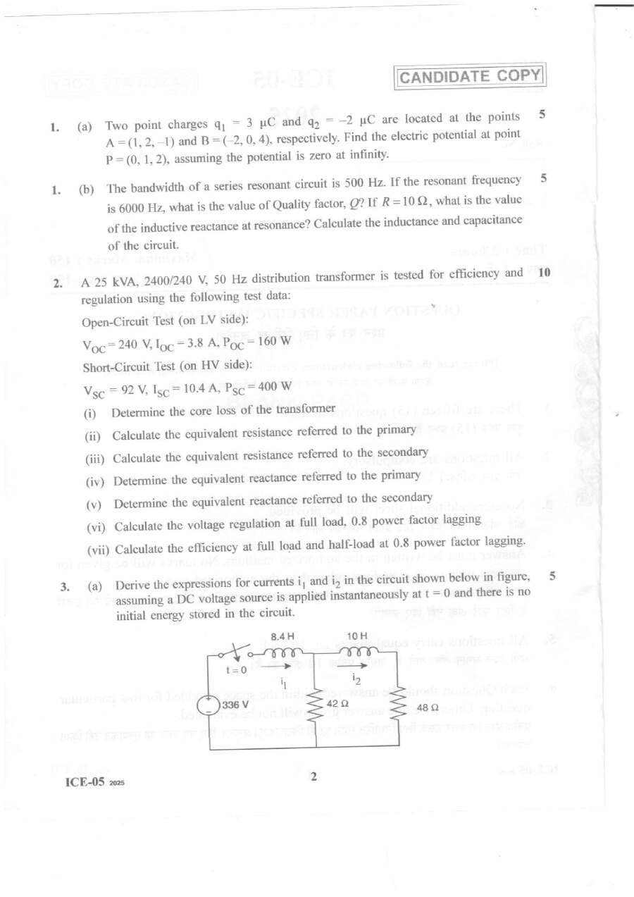 Lecturer in Instrument & Control Engineering 2025 ICE-05 question paper page 1 instructions scan PDF download