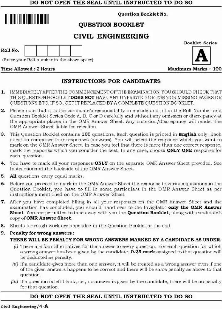 Lecturer in Civil Engineering (Advt No. 11/2021) 2021 Lecturer in Civil Engineering (Advt No. 11/2021) Haryana Government question paper page 1 instructions scan PDF download