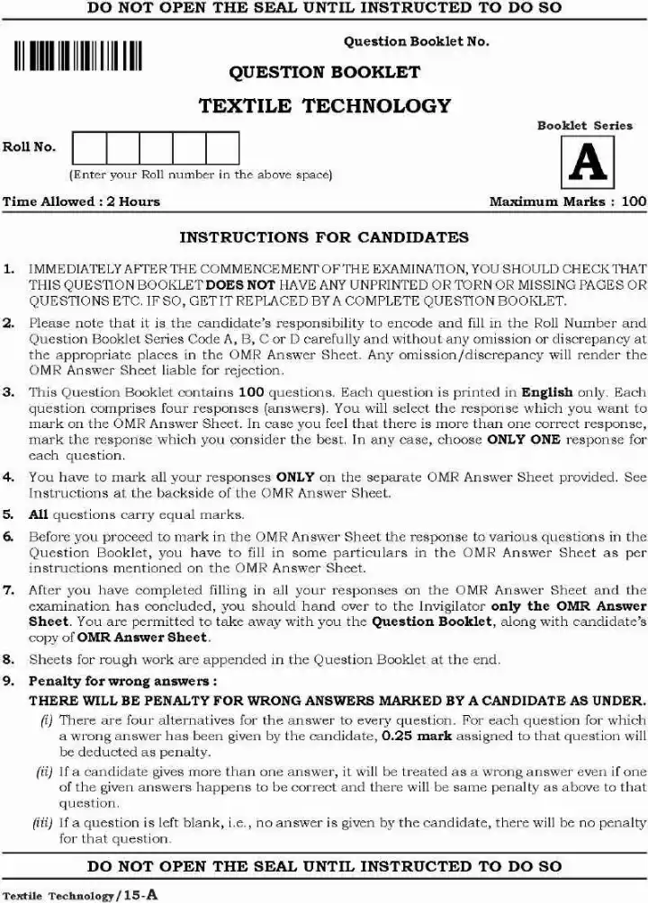 Haryana Lecturer Textile Tech 2021 MCQ Paper 15-A — page 1 instructions scan PDF download
