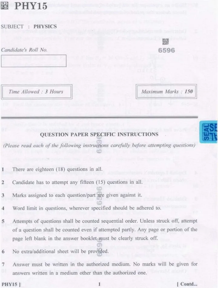 Post Graduate Teachers (PGTs) Subject Knowledge Test 2023 Physics question paper page 1 instructions scan PDF download
