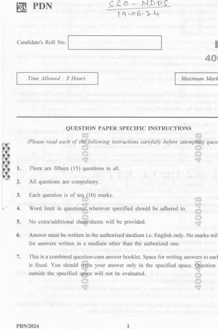 Senior Scientific Officer NDPS Exam 2024 – Haryana PDN/2024 — page 1 instructions scan PDF download
