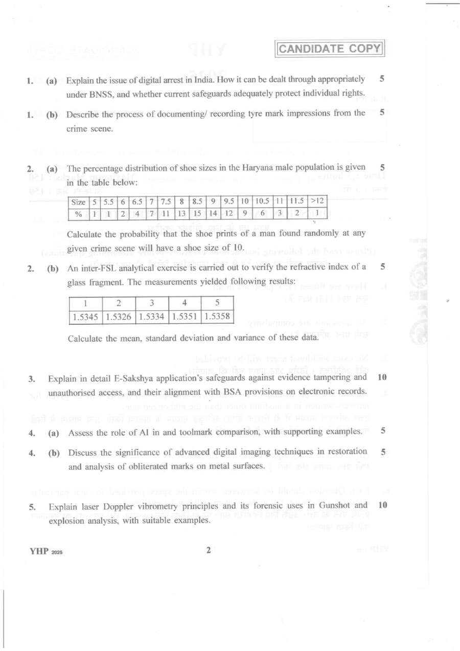 Haryana FSO Physics 2025 Forensic Question Paper — page 1 instructions scan PDF download