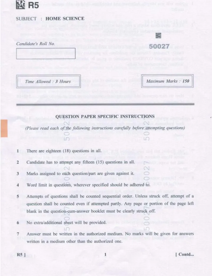 Home Science PGT 2023 Question Paper — page 1 instructions scan PDF download
