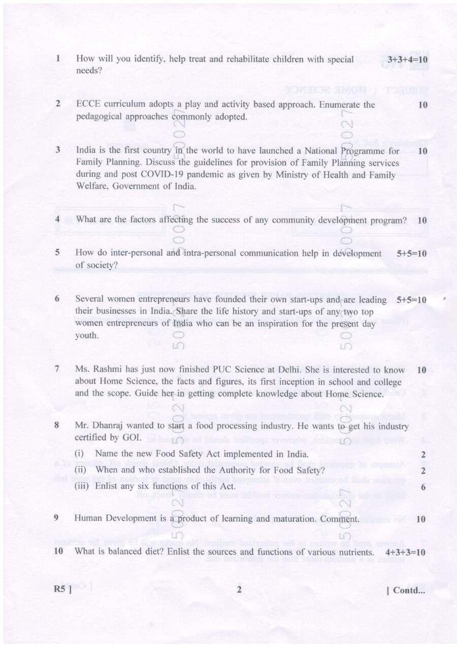 Home Science PGT 2023 Question Paper — page 1 instructions scan PDF download