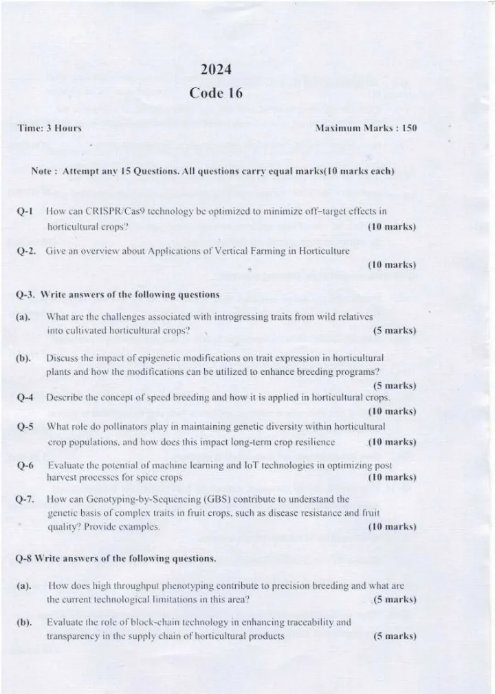 Haryana HSDC Horticulture Exam 2024 Code 16 — page 1 instructions scan PDF download