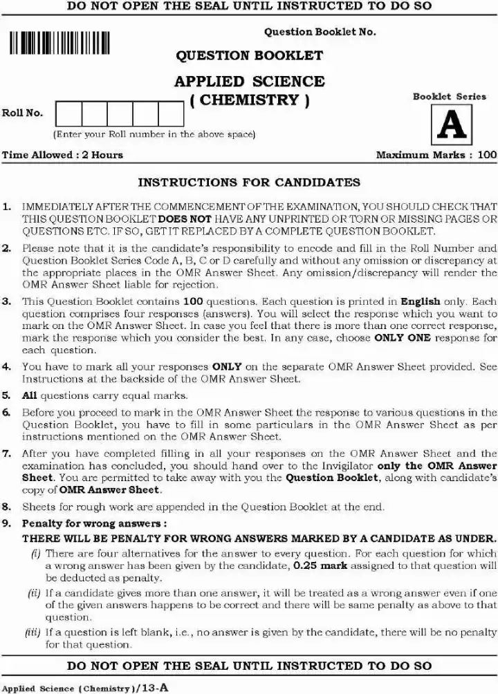 Haryana Lecturer in Applied Science (Chemistry) 2021 Paper — page 1 instructions scan PDF download