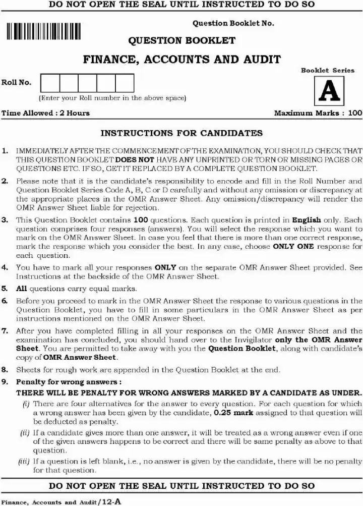 Haryana Lecturer Finance MCQ Paper 2021 (12-A) — page 1 instructions scan PDF download
