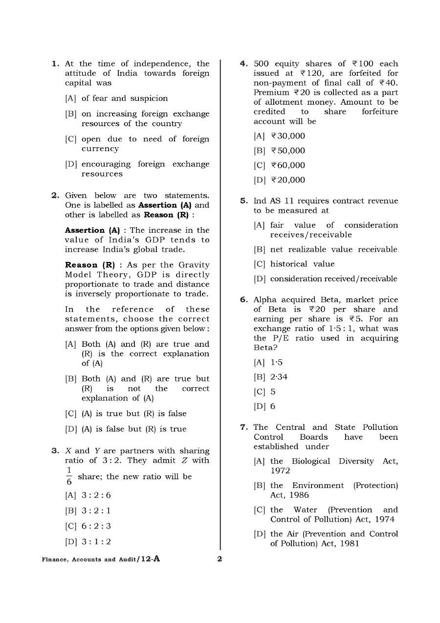 Haryana Lecturer Finance MCQ Paper 2021 (12-A) — page 1 instructions scan PDF download