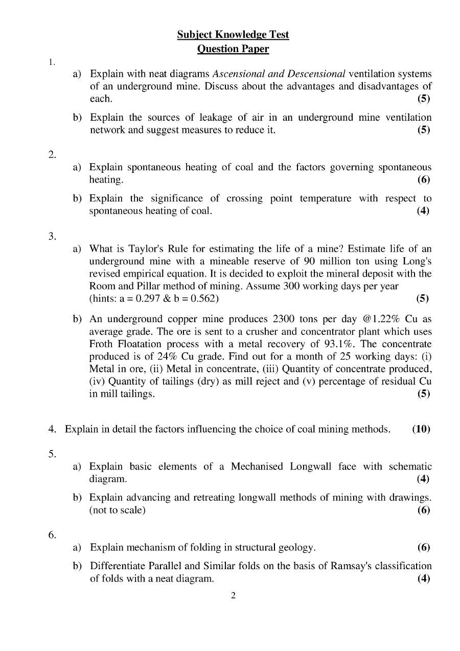 Mining Officer & Assistant Mining Engineer Exam 2023 – Question Paper — page 1 instructions scan PDF download