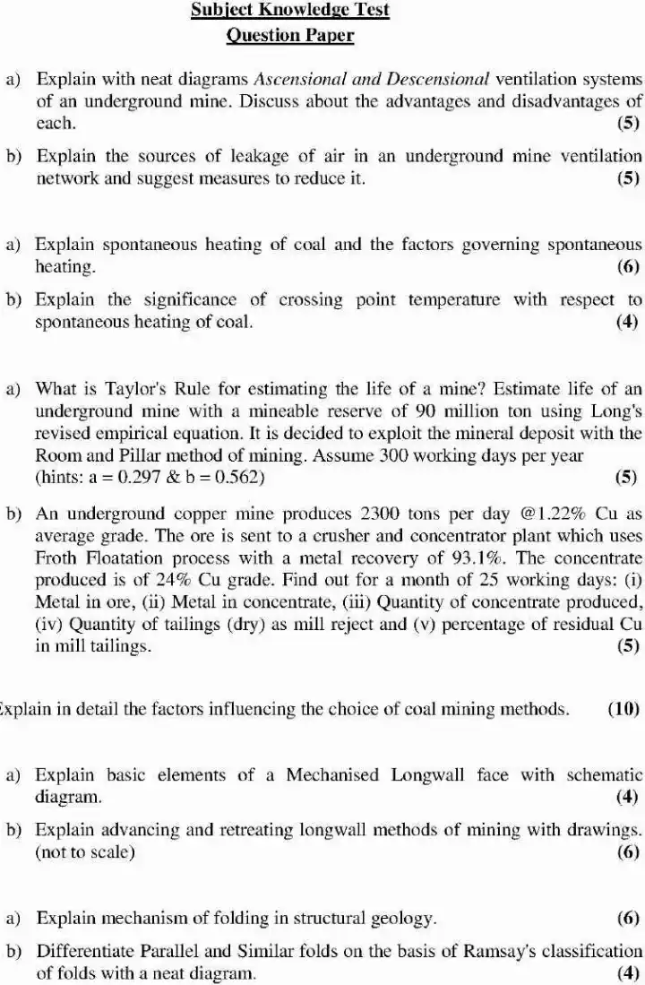 Mining Officer & Assistant Mining Engineer Exam 2023 – Question Paper — page 1 instructions scan PDF download