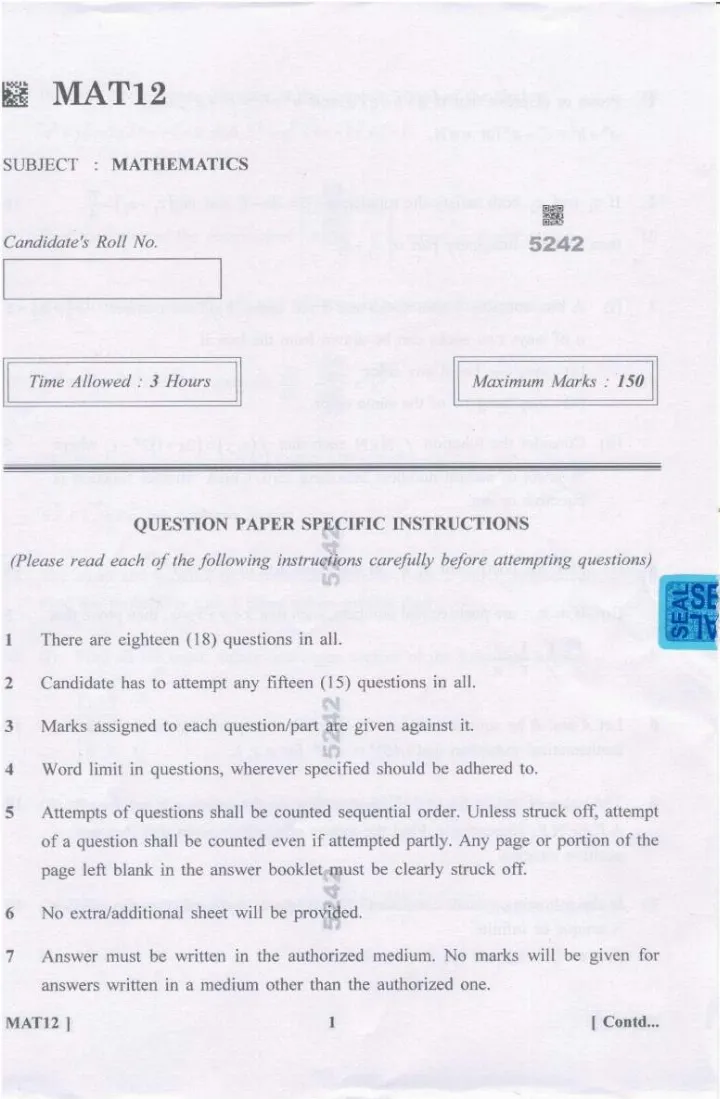 Haryana PGT Mathematics 2023 MAT12 Question Paper — page 1 instructions scan PDF download
